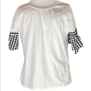 August Silk Womens Sz M white shirt with Buffalo check ruffle sleeves.